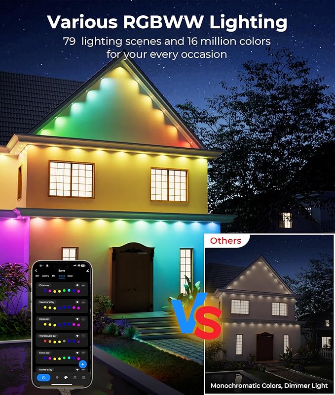Permanent Outdoor Christmas Lights Pro, 100ft RGBWW & 60LM Triple-LED Smart Lights, Christmas Decorations Outdoor with 79 Scene Modes, IP67 Waterproof Work with Alexa, Google Assistant