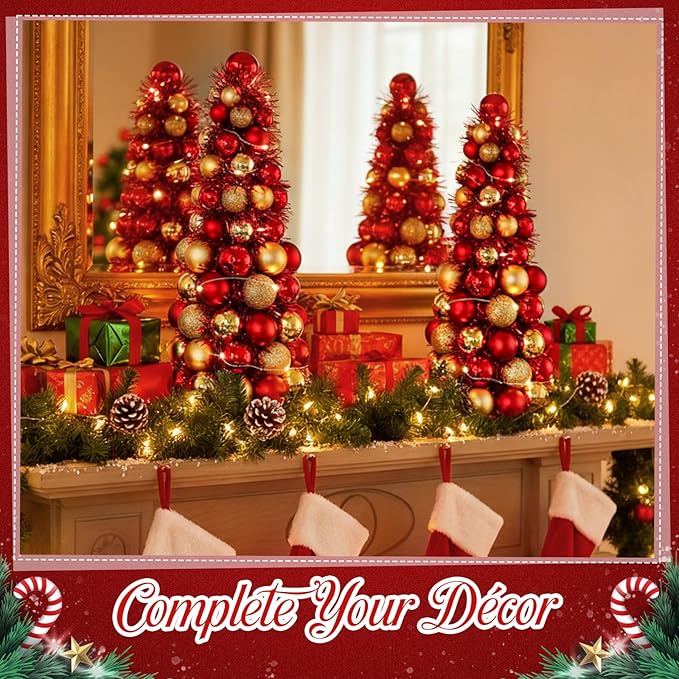 Meooeck 2 Pcs Christmas Ball Tree with Lights 16 Inch LED Fireplace Table Holiday Xmas Tree Decorations Tabletop Christmas Beach Decorations for Party(Red,Gold)