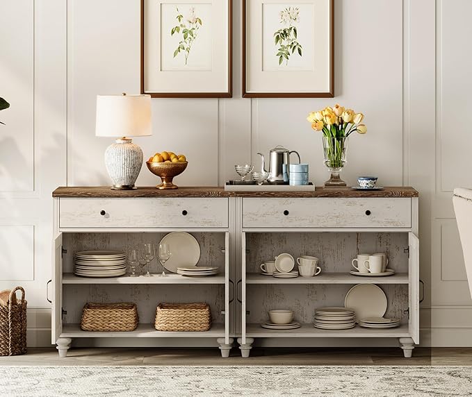 WAMPAT 5 Tier Bookshelf 72" Tall Bookcase with Barn Doors, Large Farmhouse Display Book Shelf with 2 Drawers and Storage Cabinet, Library Wood Bookshelves for Living Room,Kitchen, Rustic White (2PCS)