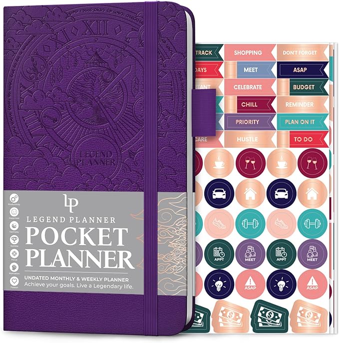 Legend Planner Pocket – Small Undated Monthly & Weekly Goal Journal and Calendar for Productivity, Mini Life Organizer Planner Perfect for Purse, Size: 3.5" x 6.2" Hardcover – Dark Purple