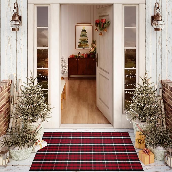 OJIA Christmas Front Door Mat Outdoor 27.5"x43" Red Plaid Porch Rug Machine Washable Entryway Rugs Indoor Layered Door Mats Outdoor Doormat Cotton Area Rug Rug for Bathroom/Bedroom