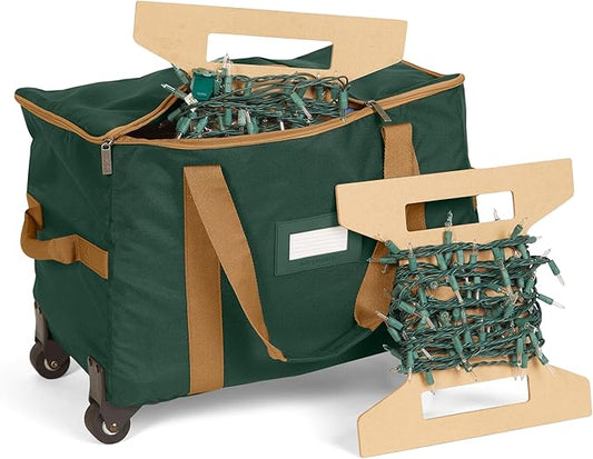 Covermates Keepsakes Rolling Christmas Light Storage Bag - Carrying Handles, ID Window, Dual Wheels - Holiday Storage, Green