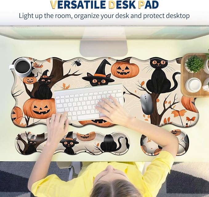 4-Piece XXL Gaming Mouse Pad Set (31.5"x11.8") with Keyboard Wrist Rest,Mouse Wrist Support & Coaster,Ergonomic Non-Slip Desk Mat for Office & Home,Black Cats Pumpkins