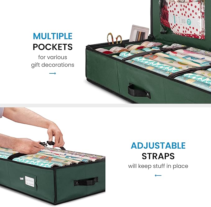 ZOBER Wrapping Paper Storage Containers - 40 Inch Gift Wrapping Organizer Storage W/Interior Pockets - Fits 20 Standard Rolls of Wrapping Paper, Bows, and Ribbons