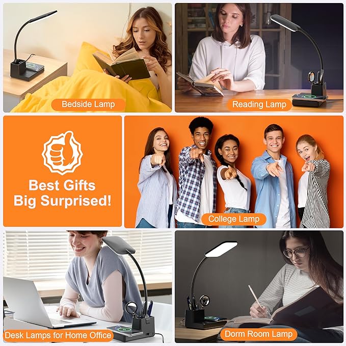 Sailstar Desk Lamp, Table Lamp with Wireless Charger & USB Port, 800LM CRI95 3 Color Modes Dimmable Touch Flexible Arm Pen Holder, LED Desk Lamps for Home Office, College Dorm Room, Adapter Included