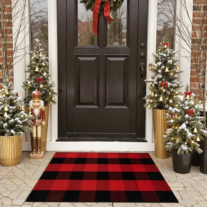 OJIA Christmas Buffalo Plaid Door Mats Outdoor 2'x3', Cotton Red&Black Front Door Rug Machine Washable Small Area Rug Farmhouse Indoor Throw Rugs for Layered Doormat/Porch/Entryway/Kitchen/Bathroom