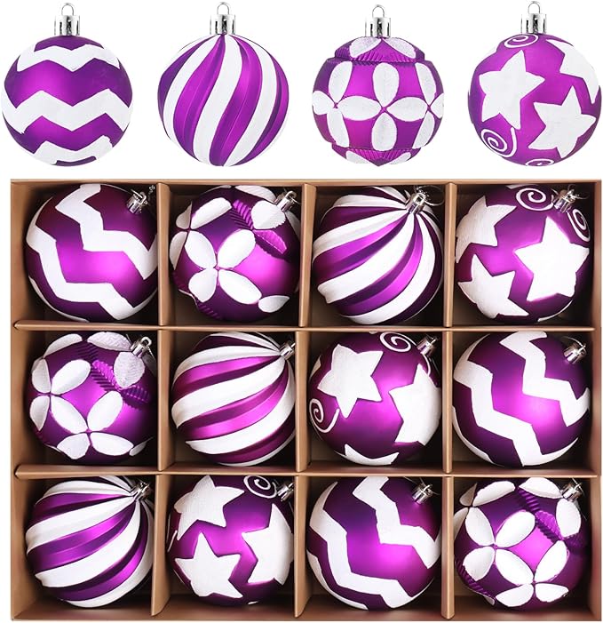 Large Purple White Christmas Ornaments for Tree, 12Pcs Shatterproof Christmas Bulbs Ornaments, 4 Inch Big Hanging Balls Decorations for Xmas Trees Parties Malls (Purple & White)