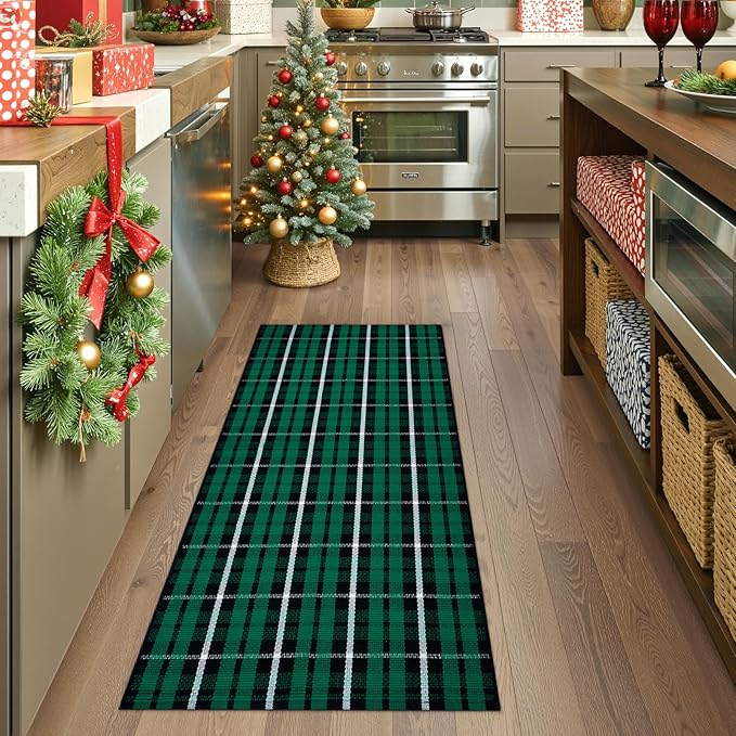 OJIA Christmas Door Mat Outdoor 24"x51" Green Plaid Front Door Rug, Washable Holiday Doormat Outdoor Porch Rug Farmhouse Throw Carpet Layered Door Mats for Entrance Kitchen Indoor Decor