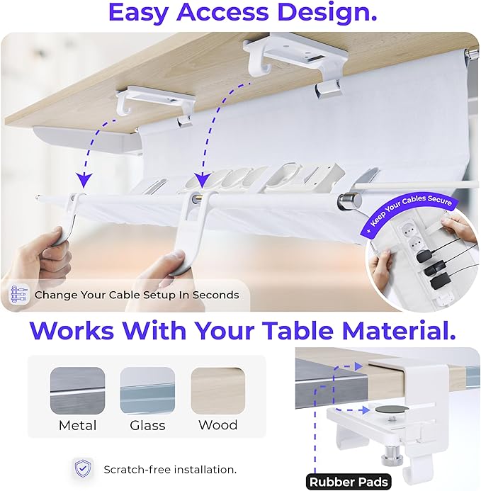 Ascrono Original No Drill Under Desk Cable Management Tray 27.3" - Premium White Fabric Cable Management Under Desk - Clamp/Screw Mount Cord Organizer - Supports Upto 66lbs