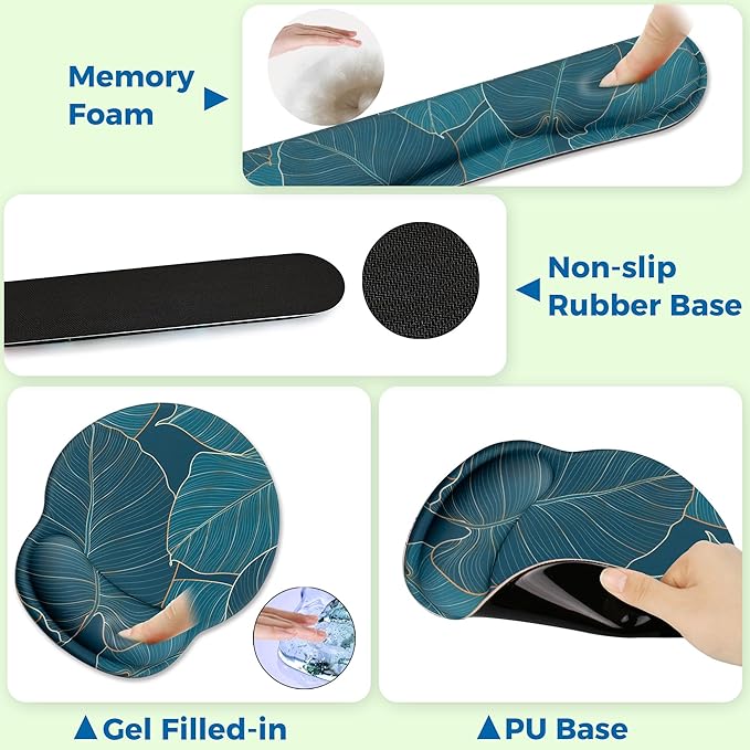 Mouse Pad and Keyboard Wrist Rest Support, with Non-Slip PU Base,Gel Mouse Pad with Coaster,Pain Relief for Gaming, Computer,Office -Green Leaves