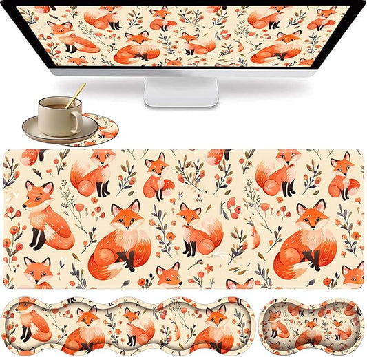 Large XXL Gaming Desk Mat 31.5"x 11.8", Ergonomic Keyboard Wrist Rest & Mouse Pad Wrist Rest + Coaster Set, Non-Slip Base, Memory Foam, Office and Home, Little Fox