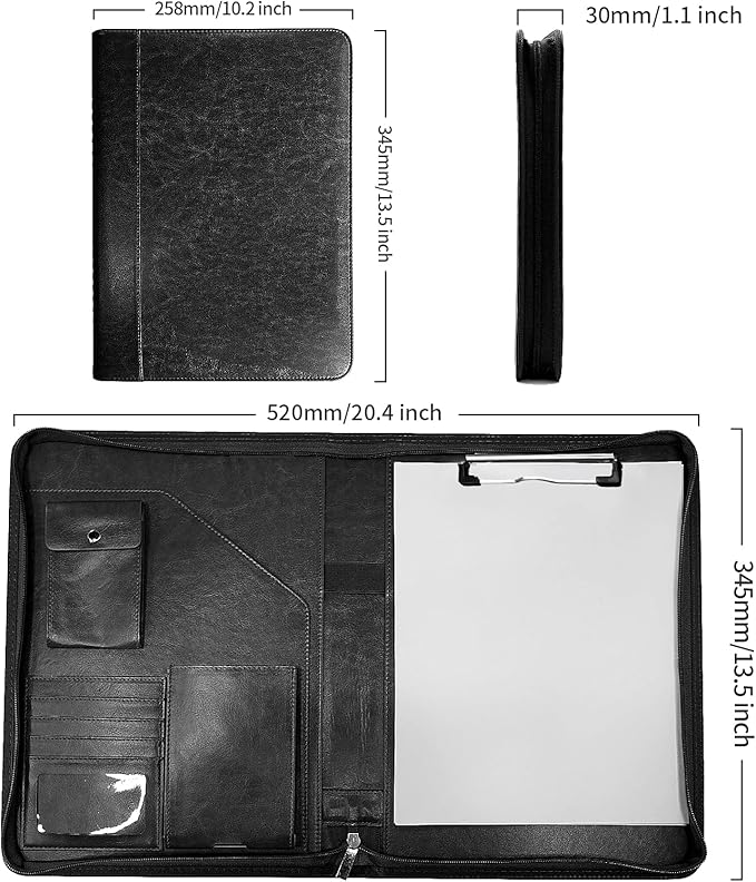 Zippered Padfolio Organizer, WRIYES Leather Planner Binder, 10.2 Inch Portfolio Folder for Documents, Letter Size Business Card Holder for Men&Women (Black)