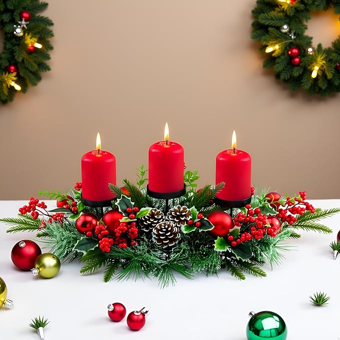 YULETIME 28" Christmas Triple Candelabrum, Holiday Candle Holder with Three Trays, Red Baubles, Natural Pine Cones, Red Berries, Green Leaves Holly, Spruce Branches, Pine Needles