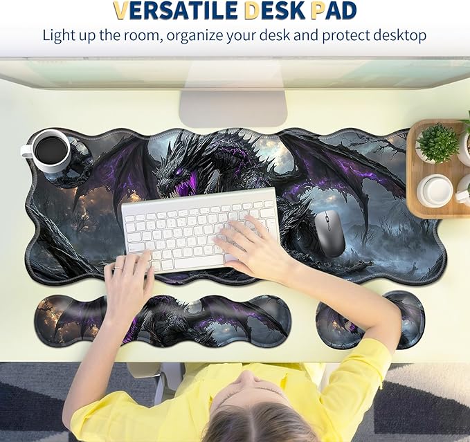 4-Piece XXL Gaming Mouse Pad Set (31.5"x11.8") with Keyboard Wrist Rest,Mouse Wrist Support & Coaster,Ergonomic Non-Slip Desk Mat for Office & Home,Dark Dragon Fantasy