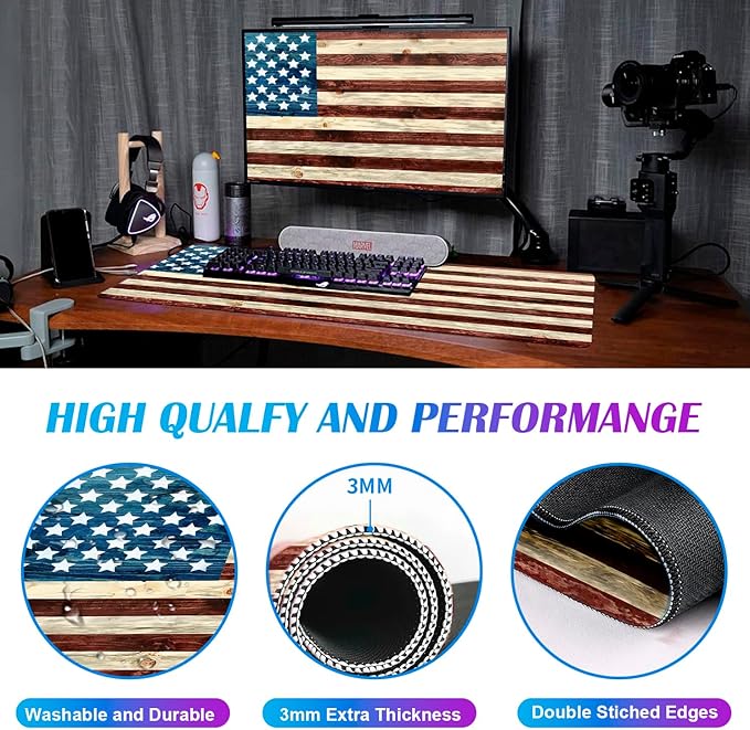 Personalized American Flag Wood Grain Computer Keyboard Desk Pad, Cute Female Office and Study Full Desk Extended Mouse Pad 35.4 x 15.7 Inches