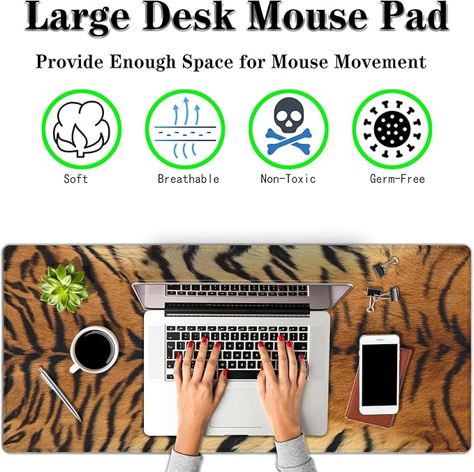Large Mouse Pad Yellow Desk Pads Gaming Mouse Pads Keyboard Pads Extra Large Gaming Mouse Pad Non-Slip Rubber Base 35.4" X 15.7" for Game Office, Panthera Tigris Corbett Skin Pelt