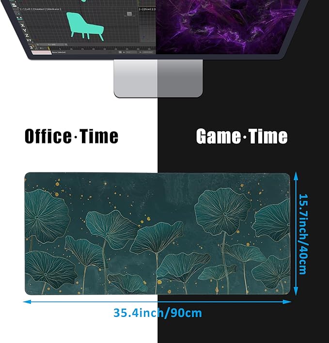 Mouse Pad,Lotus Leaves in Gold Line Desk Mat for Desktop,Desk Pad with Non-Slip Base and Stitched Edge,Extended Mousepad for Office and Home 35.4X15.7 Inch