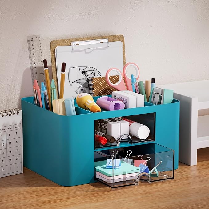 Marbrasse Pen Organizer with 2 Drawer, Multi-Functional Pencil Holder for Desk, Desk Organizers and Accessories with 5 Compartments + Drawer for Office Art Supplies (Dark Green)