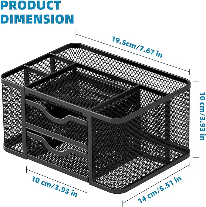 Marbrasse Mesh Desk Organizer, Pen Organizer with 2 Drawer, Multi-Functional Pencil Holder for Desk, Desk Organizers and Accessories with 5 Compartments + Drawer for Office Art Supplies (Black)
