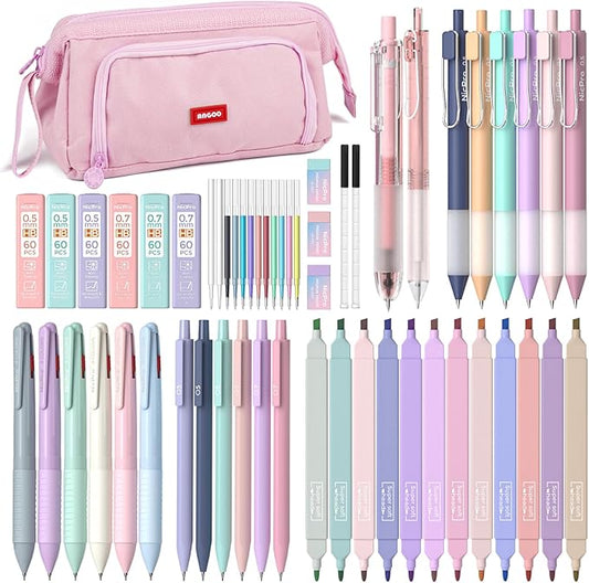 Nicpro 52 PCS Aesthetic School Supplies with Cute Pen Case, 12 Pastel Highlighter, 8 Color and Black Ink Gel Pens, 6 Ballpoint Pen, 6 Mechanical Pencils Set for Student Stationary College Essentials