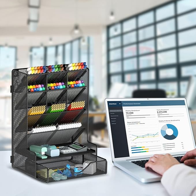 Pen Organizer for Desk, Multi-Functional Desk Organizer, Wall Mount Pen Holder with Drawer for School, Office, Home, Art Supplies, Black