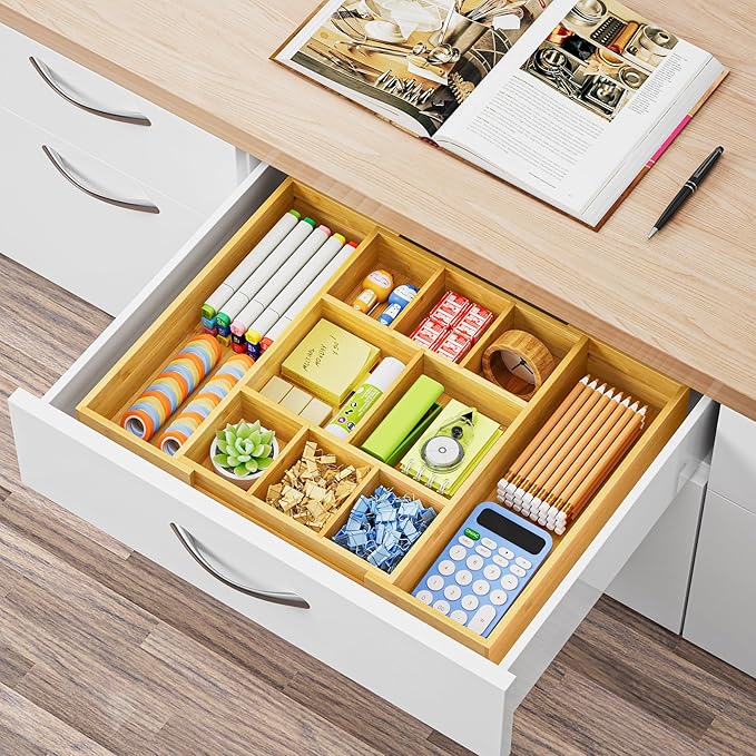 Marbrasse Bamboo Expandable Drawer Organizer, Desk Drawer Organizer Tray with 5 Dividers, Desk Organizers and Accessories, 10 Adjustable Compartments for Office Supplies, Junk, Makeup & Vanity