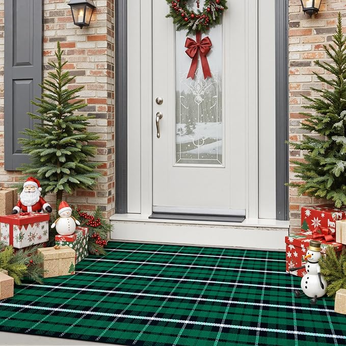 OJIA Washable Outdoor Rug 3'x5', Christmas Door Mats Outdoor Area Rug Green Plaid Rug Entryway Rugs Indoor Door Mat Front Porch Rug Cotton Floor Carpet for Entry/Patio/Bedroom/Living Room/Home Decor