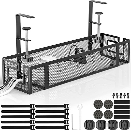 Under Desk Cable Management Tray - GZOKMOG No Drill Cord Organizer with Clamp, Reinforced Metal Mesh Workspace Organizers for Wire, Office Desk Accessories, 1 Pack Black, 15.75 inch