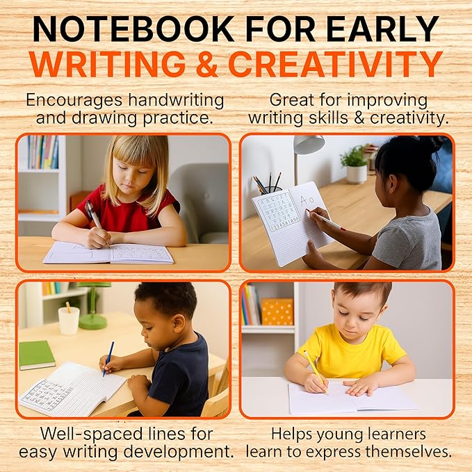 Mintra Primary Composition Notebook, 4 Pack, Assorted Colors 80 Sheets, 7.5in x 9.75in, 1/2 Sheet, Ruled with Drawing Area, Flexible Hardcover Journal, Grades K-2, School & Home Use