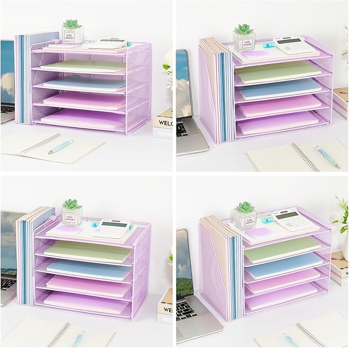 OPNICE 5-Tier Paper Organizer with Magazine Holder, Desk Organizers and Accessories, Office Desk Accessories & Workspace Organizers, Desktop File Organizer for Office Supplies Storage, Purple
