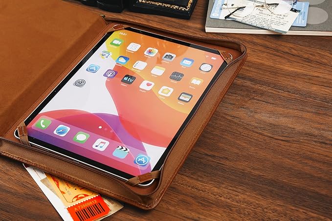 Leather Portfolio for 12.9 inch iPad Pro (2018/2020/2021/2022), Leather Padfolio Organizer with Ipad Holder for Letter Size Notepad, Personalized Portfolio for Men/Women (Brown, Non-Custom)