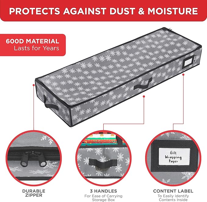 Wrapping Paper Storage Container – Fits up to 27 Rolls 1 3/8” Diam. - Underbed Gift Wrap Organizer Bags, Wrapping Paper Rolls, Ribbon, and Bows - Under Bed- Durable Material 600D - Up to 40" Rolls