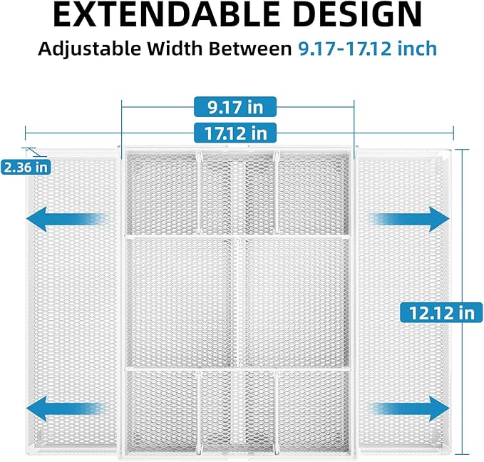 Marbrasse Expandable Desk Drawer Organizer, Mesh Drawer Organizer Tray with 10 Adjustable Compartments, Desk Organizers and Accessories for Office Supplies, Makeup & Vanity (Expandable White-2 pack)