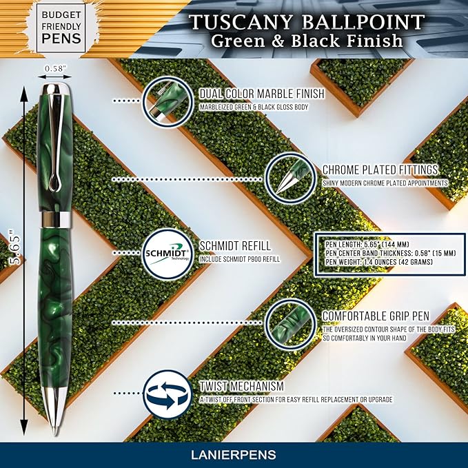Lanier Pens Tuscany Green & Black Ballpoint Pen - Marbleized Gloss Body