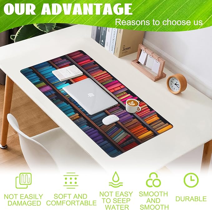 Large Gaming Mouse Pad for Desk,Bookshelves Full of Books Desk Mat,Colorful Books Desk Pad,Extended Big Computer Keyboard Mouse Pad with Non-Slip Base and Stitched Edge,35.4"x15.7"