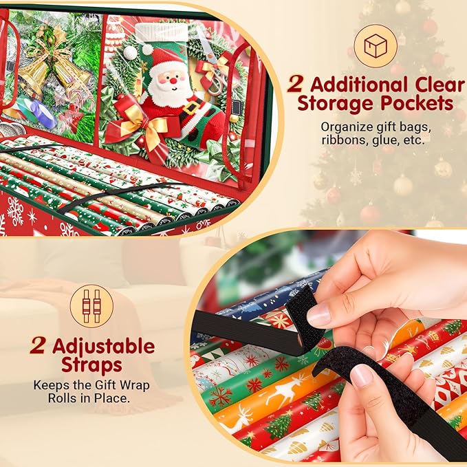 Wrapping Paper Organizer Storage, Christmas Wrapping Paper Storage with Flexible Partition & Pockets for Christmas Decorations, Ribbon, Underbed Gift Wrap Organizer for Holiday(Snowflake/Red)