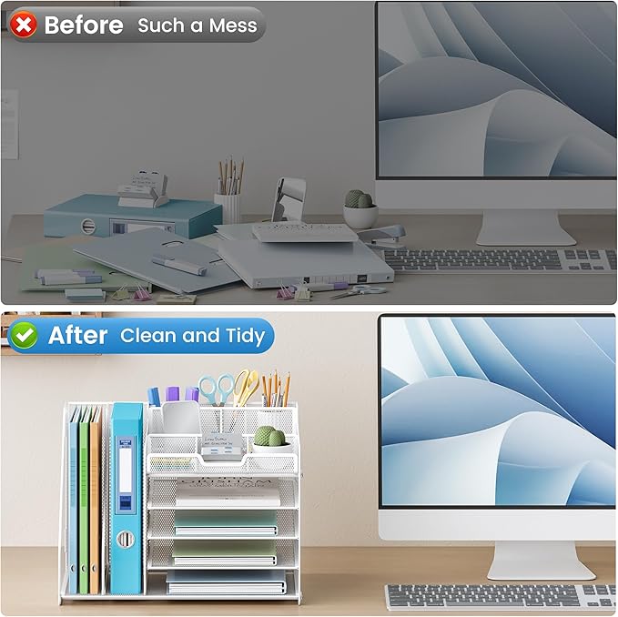Lavatino 5-Tier Desk Organizer with 2 File Holders, Metal Adjustable Paper Letter Tray for Office or Home Desk Organizers and Accessories | 7 Flexible Dividers Keep Workspace Supplies Neat, White
