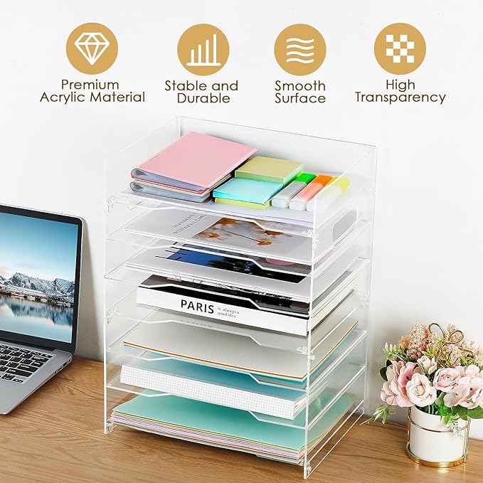 MaxGear 7 Tier Acrylic Paper Tray, Clear File Trays, Acrylic Clear Letter Tray Organizer, Stackable Desk Trays, Stackable Paper Organizer, Office Desk Organizers and Accessories