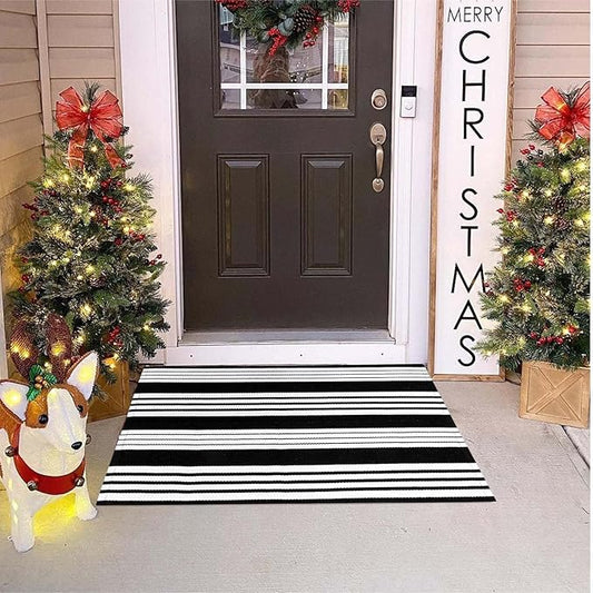 OJIA Christmas Front Door Mats Outdoor 27.5x43 Inches, Black and White Outdoor Rugs Cotton Woven Front Door Rug Machine Washable Layered Doormats for Porch/Farmhouse/Kitchen/Entryway/Patio
