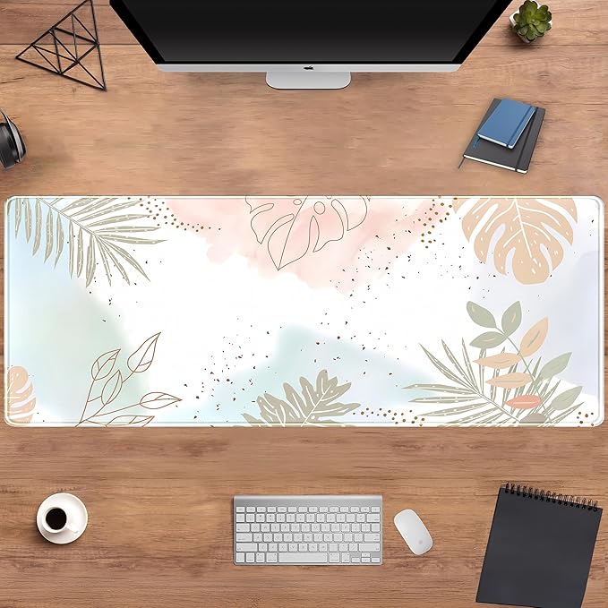 Pastel Boho Leaf Desk Mat Aesthetic Gaming Mouse Pad XL Large Extended Desk Pad Anime Desk Matt for Desktop, Laptop Computer Keyboard and Mouse Mat for Women Office Decor Accessories 31.5x11.8 in