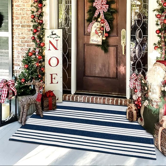 OJIA Blue and White Outdoor Rug 3’x5‘ Cotton Woven Christmas Striped Front Porch Rug Machine Washable Indoor Outdoor Rugs Farmhouse Entry Rug Layered Door Mat for Entryway/Kitchen/Laundry/Living Room