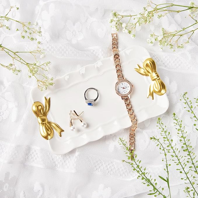 Bow Jewelry Tray Ceramic Trinket Dish for Rings Earrings Necklaces Bracelet Watch Keys, Ring Dish Plate Key Bowl Room Decor Aesthetic Vanity Perfume Tray, Gifts for Women, 6.69"