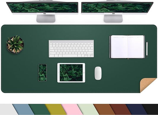 Leather Desk pad Protector, Large Desk mat with Natural Cork & PU Leather,Large Mouse pad, Office Desk Mat,Waterproof Desk Writing Pad for Office and Home (47in*17in, Dark Green)