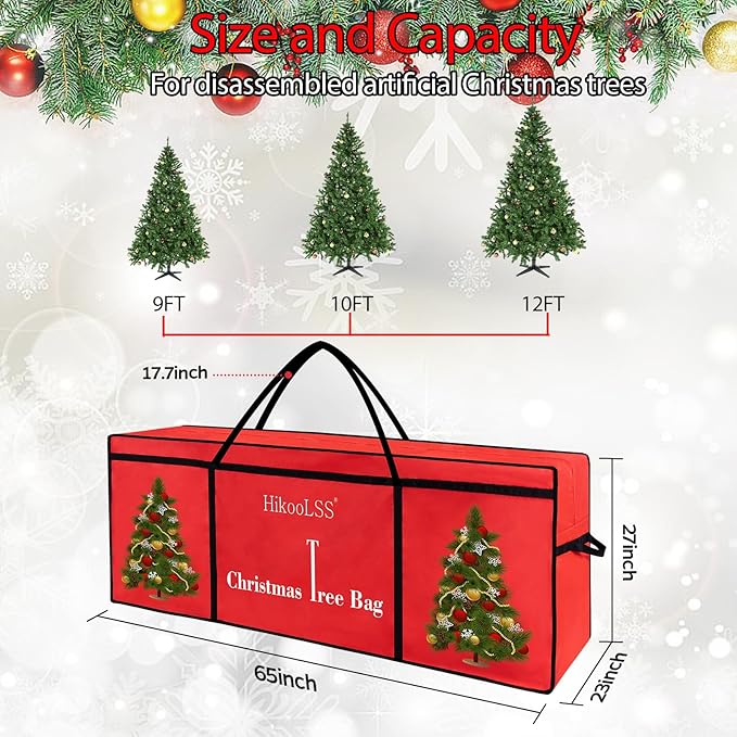 Christmas Tree Storage Bag 12 Ft Tall Tree Container/Holder Heavy Duty Oxford Dual Mesh Pockets,Moistureproof,Extra Large Christmas Tree Box for Big Xmas Tree Wide Opening Red(65X23X27in)