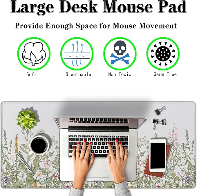Large Mouse Pad Wildflower Desk Mats Office Mouse Pads Keyboard Mousepads Oversized Mouse Pad Non-Slip Rubber Base Waterproof with Stitched Edges 35.4 X 15.7 for Game Office,