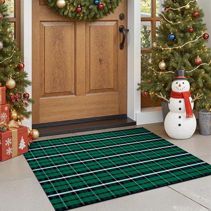 OJIA Christmas Front Door Mat Outdoor 24"x36" Cotton Green Plaid Rug, Washable Front Porch Rug Farmhouse Holiday Doormat Indoor Small Area Rugs for Layered Welcome Mat Kitchen Entrance Bathroom Decor