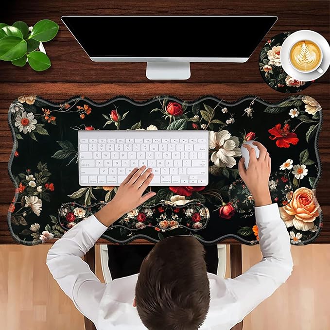 Office Mouse Pad Set with Wrist Support, Large 31.5"x11.8" Desk Mat, Ergonomic Memory Foam Keyboard Wrist Rest, Non-Slip Durable Mouse Pad for Work & Home, Beautiful Flowers