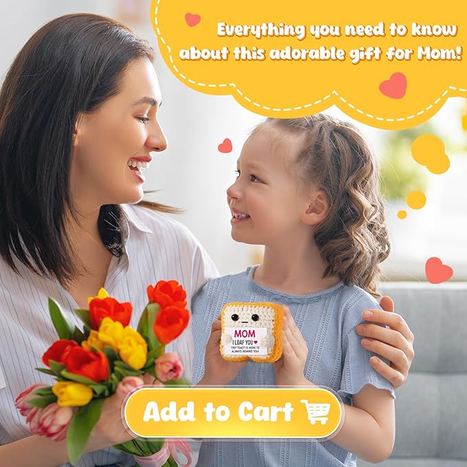 Mothers Day Pun Gift for Mom from Daughter Son- Handmade Cute Loaf Crochet Toast - I Love You Funny Presents for Moms Bonus Mamas Mother-in-Law Birthday, Valentine's Christmas Stocking Stuffers