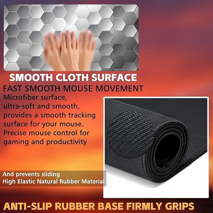 Large Gaming Mouse Pad for Desk, Silver Technology Honeycomb Desk Mat, Sci-Fi Honeycomb Desk Pad, 31.5"x15.7" Extended Big Computer Keyboard Mouse Pad with Non-Slip Base and Stitched Edge