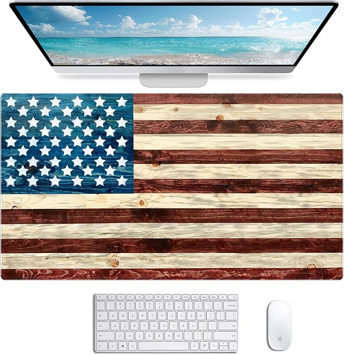 Personalized American Flag Wood Grain Computer Keyboard Desk Pad, Cute Female Office and Study Full Desk Extended Mouse Pad 35.4 x 15.7 Inches
